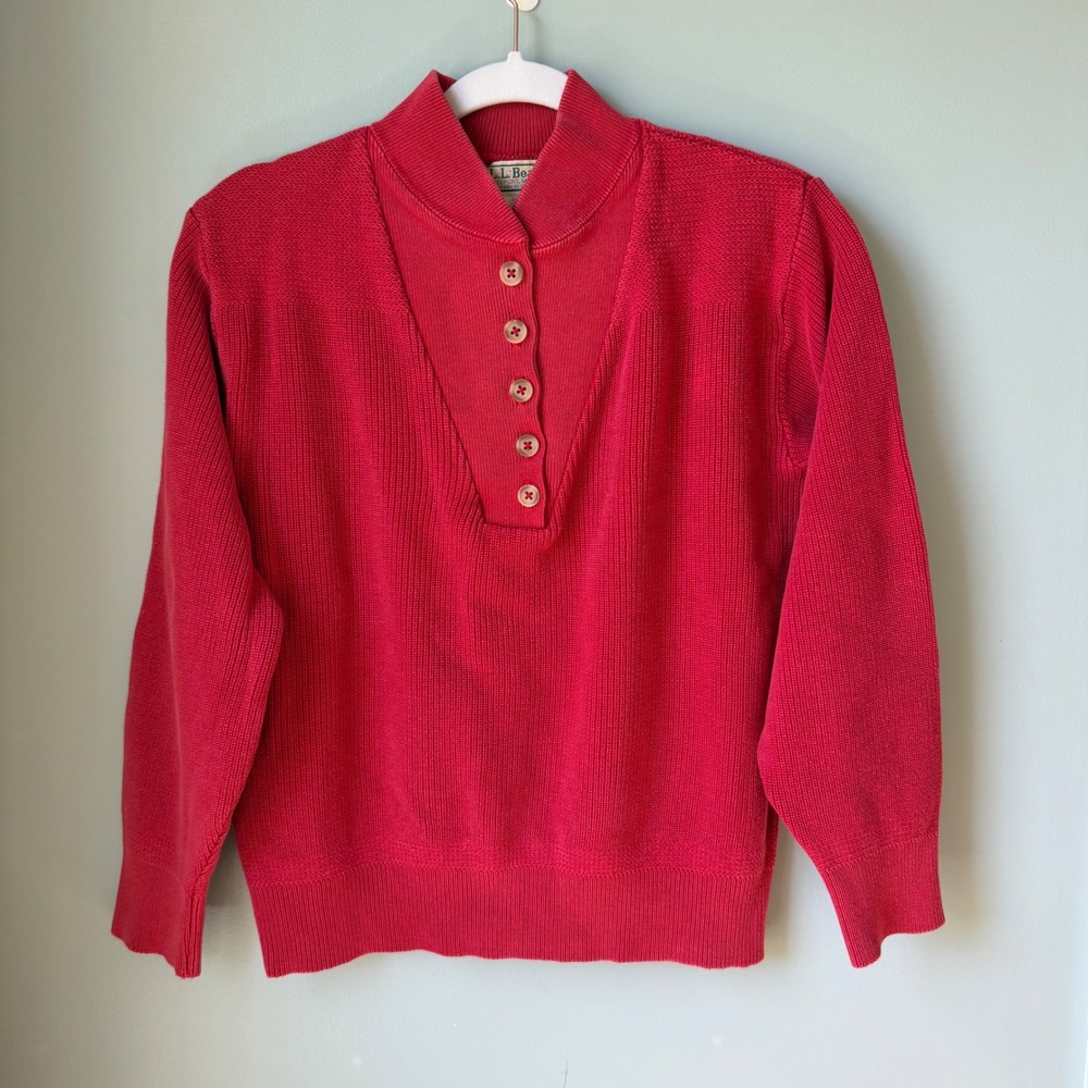 Vintage L.L. Bean 90s Cotton Ribbed Sweater Henley Red Button Collar USA Medium
